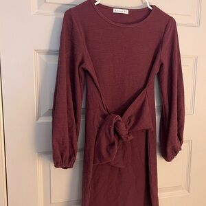 Burgundy Long Sleeve Dress with Tie Front